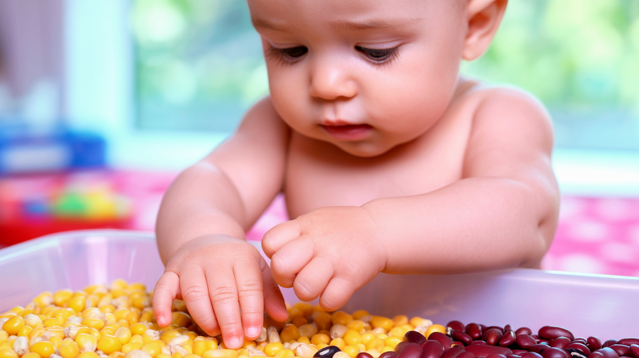 Descoperă magia cutiei senzoriale: fasole și porumb pentru bebeluși curioși și mânuțe dibace